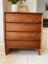 Load image into Gallery viewer, Mid Century Modern teak 4 drawer tall boy dresser
