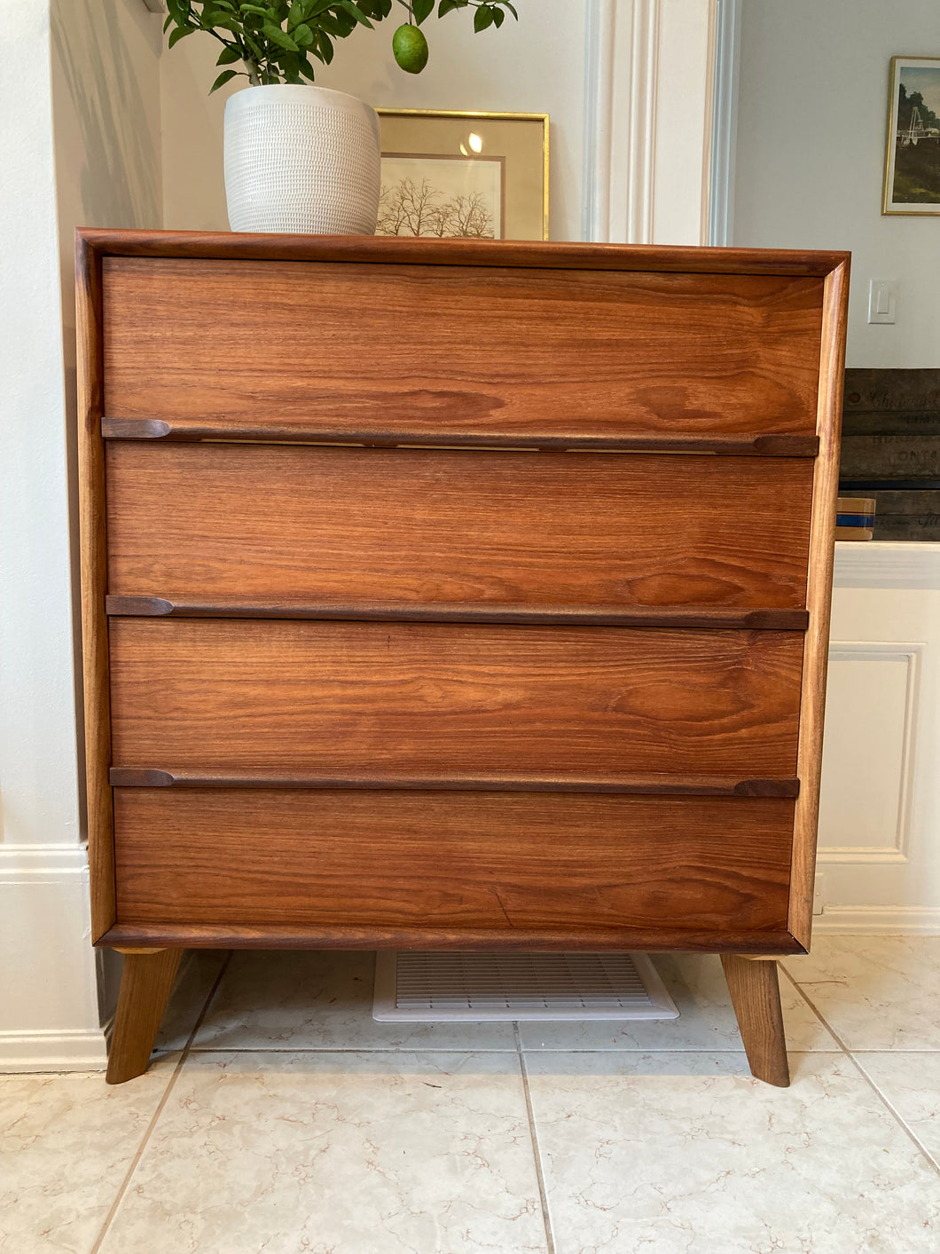 Mid Century Modern teak 4 drawer tall boy dresser