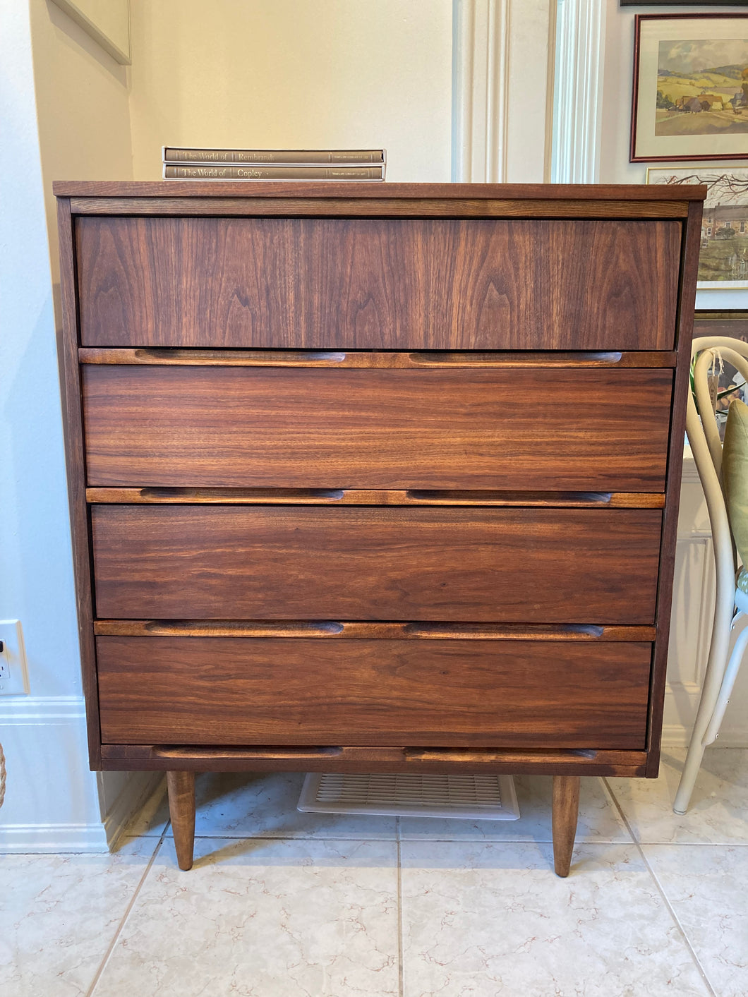 Mid-century walnut tall boy dresser